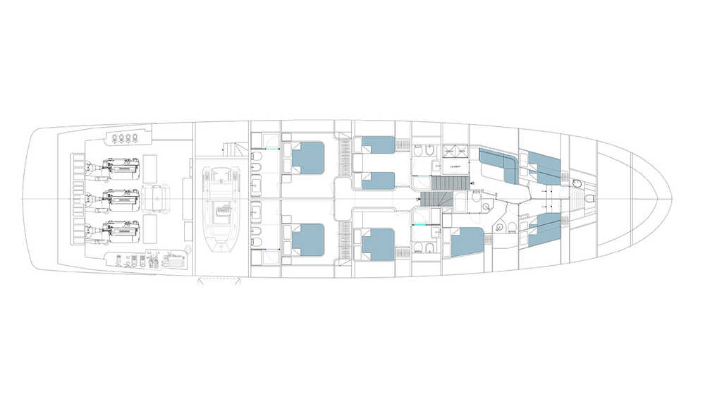 Lowerdeck with 4 guest cabins + 3 crew cabins, crew mess, laundry