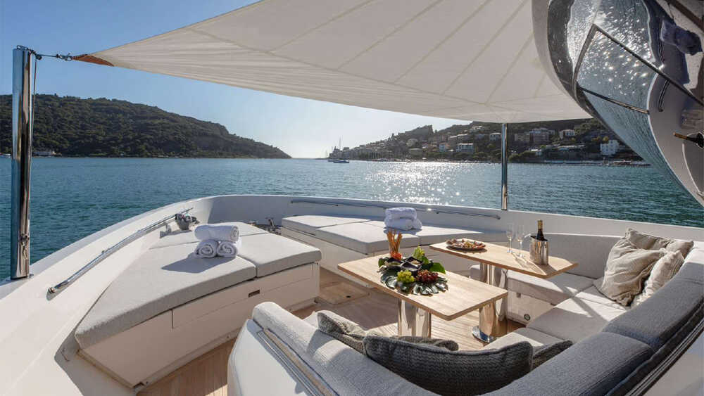 Lounge area on bow with sunshade