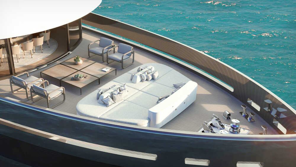 Lounge area with sunbathing cushions on bow upper deck