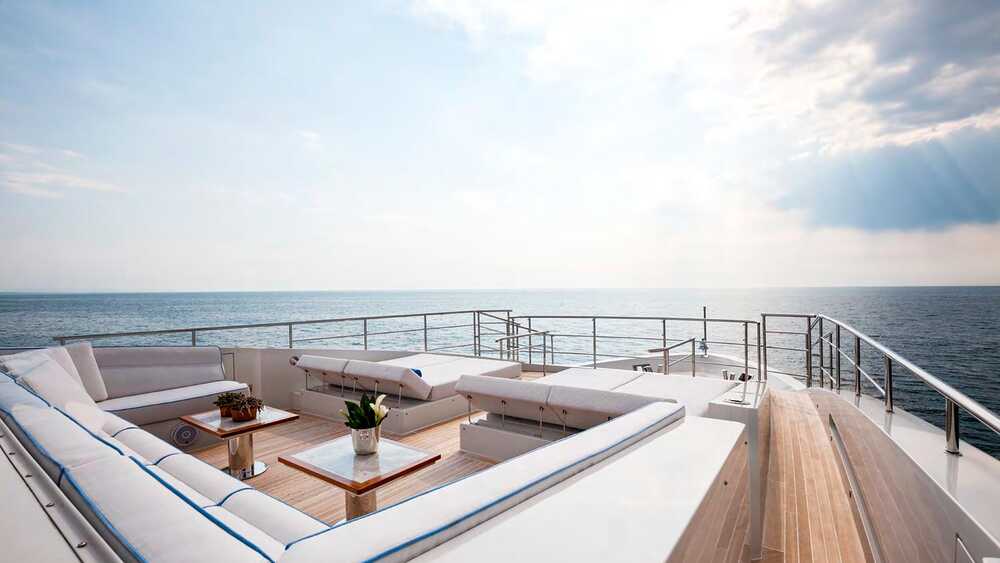 Lounge area and sunbathing cushions on bow