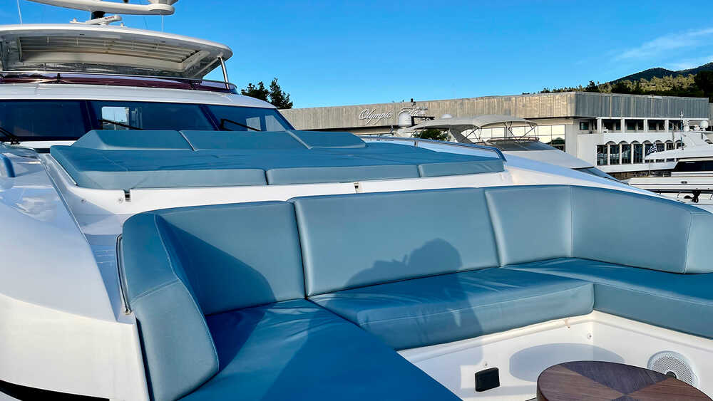 Lounge area and sunbathing cushions on bow