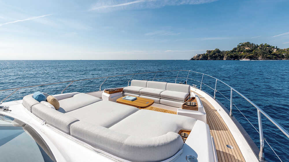 Lounge area on bow with sunbathing cushions