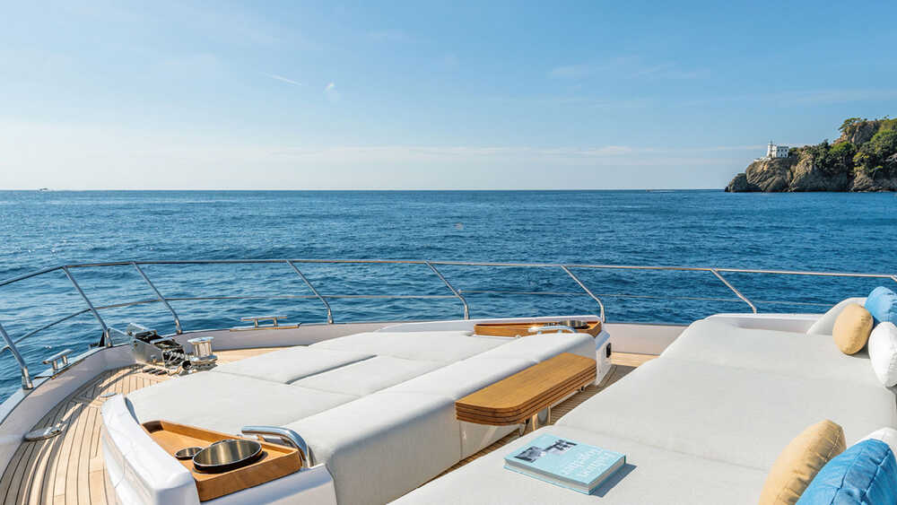 Lounge area on bow with sunbathing cushions