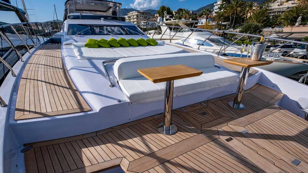 Lounge area and sunbathing cushions on bow