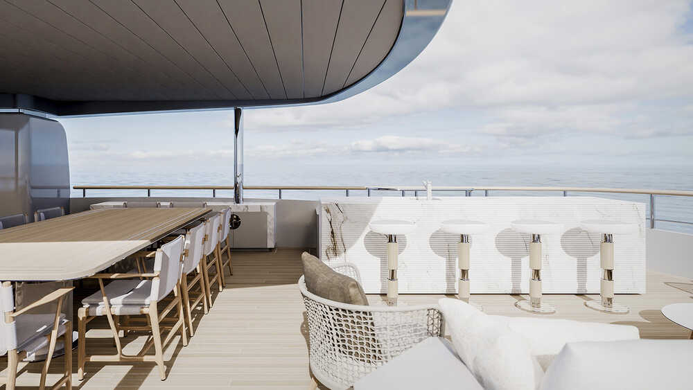 Dining area with bar on fore sundeck