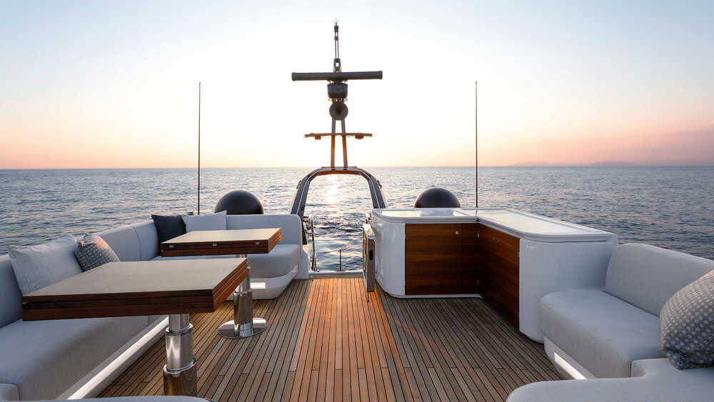 Dining area with wet bar on flybridge